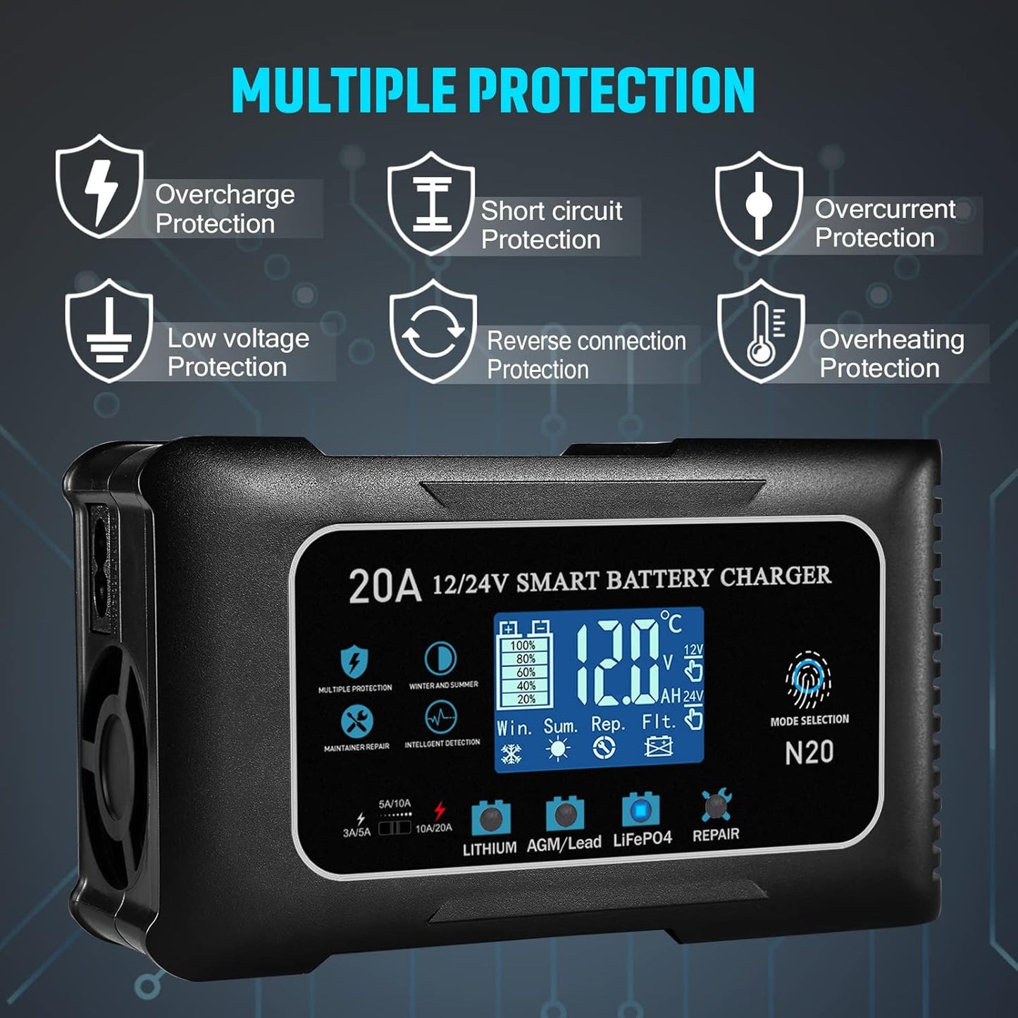 Lithium Lifepo4 Battery Charger,12V 24V Fully Automatic Car Battery Charger, 12 Volt-20A, 24 Volt-10A Trickle Charger maintainer, AGM Deep Cycle Battery Charger