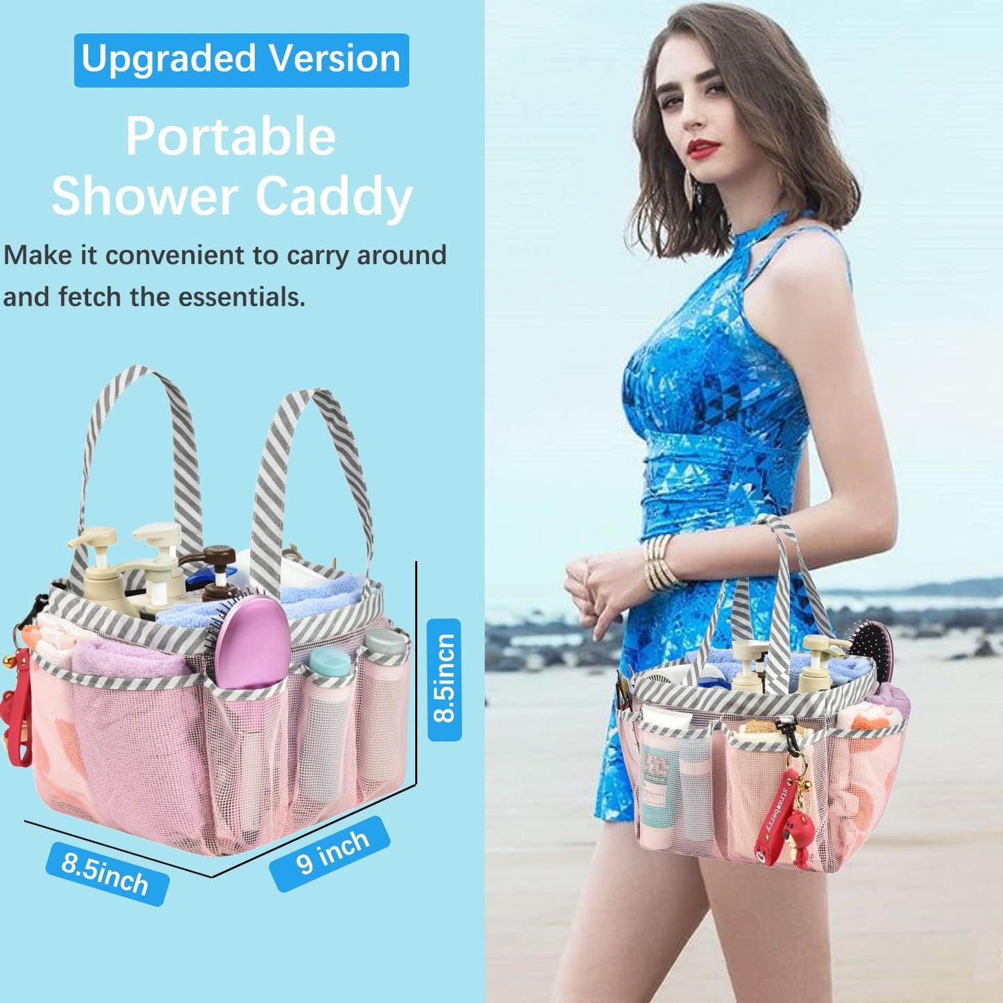 Mesh Shower Caddy Tote, Large College Dorm Bathroom Caddy Organizer with Key Hook and 2 Oxford Handles, Quick Hold, 8 Basket Pockets for Camp Gym