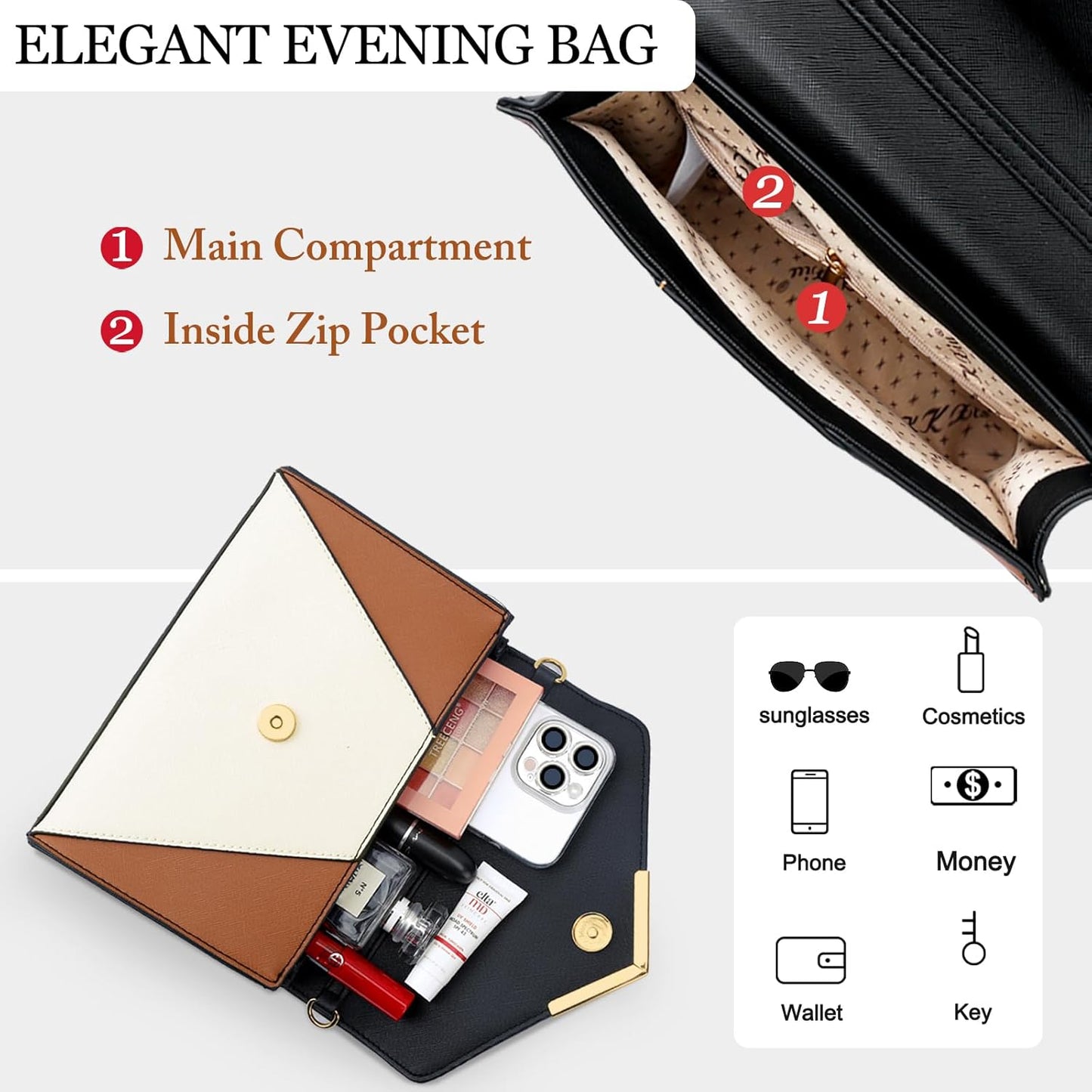 KKXIU Women Elegant Faux Leather Evening Envelope Clutch Purse Foldover Bags for Party Wedding Prom - PuriLite