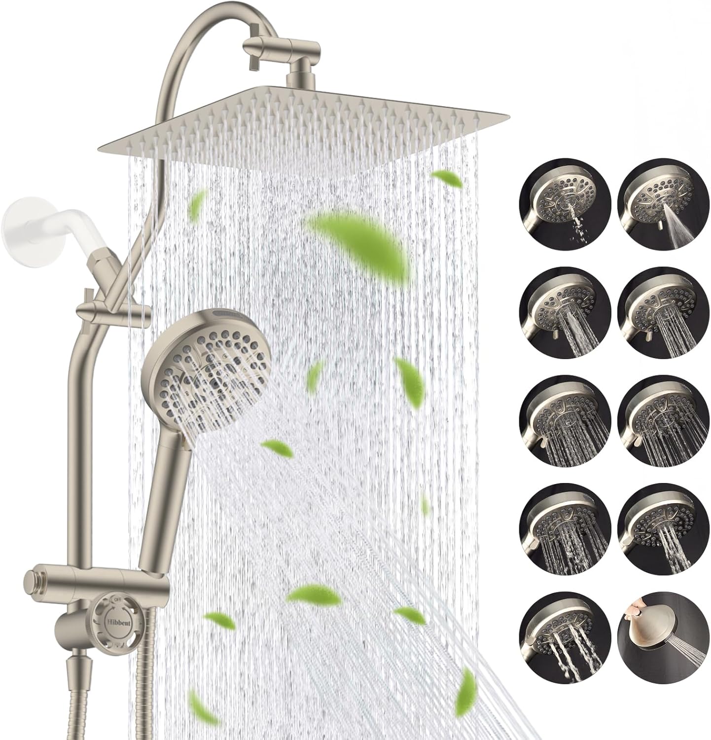 Hibbent Upgraded All Metal 10"Rainfall Showerhead Combo, High Pressure Shower Head with 10-Spray Mode Handheld, Innovative 4-way Diverter with Pause Mode, 71'' Shower Hose and Handheld Holder, Chrome