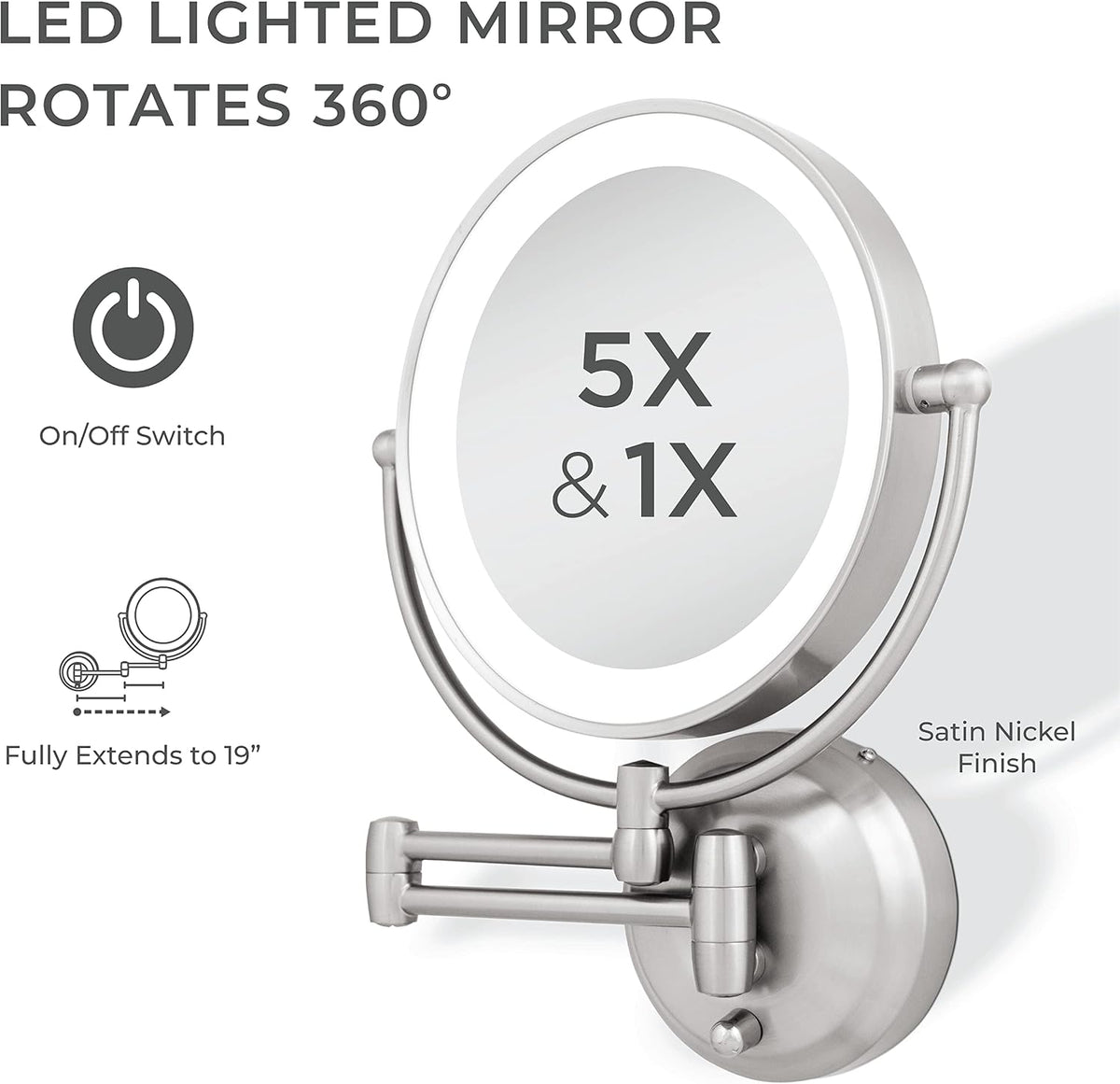 Zadro LED Wall Mount Makeup Mirror with Magnification, 360° Rotation, 48 cm Extension (37cm x 28cm | 5X/1X | Satin Nickel)