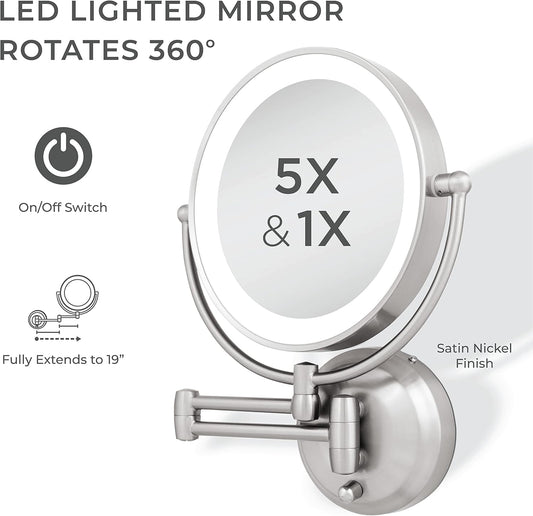 Zadro LED Wall Mount Makeup Mirror with Magnification, 360° Rotation, 48 cm Extension (37cm x 28cm | 5X/1X | Satin Nickel)