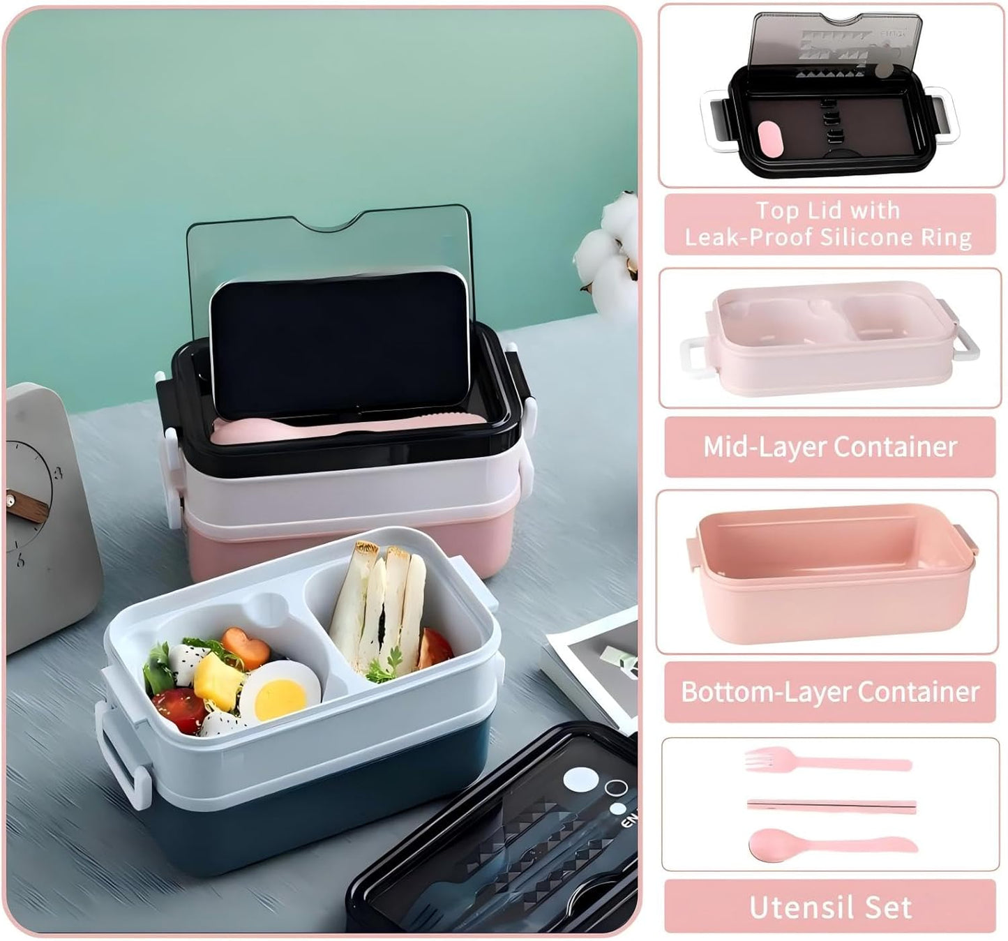 Bento Box, Lunch Box for Adult, Compact Bento Box Set- 2-Layer Stackable Lunch Box with Utensils, Leak-Proof and Durable Food Container for Work, Picnic, and Travel (Pink)