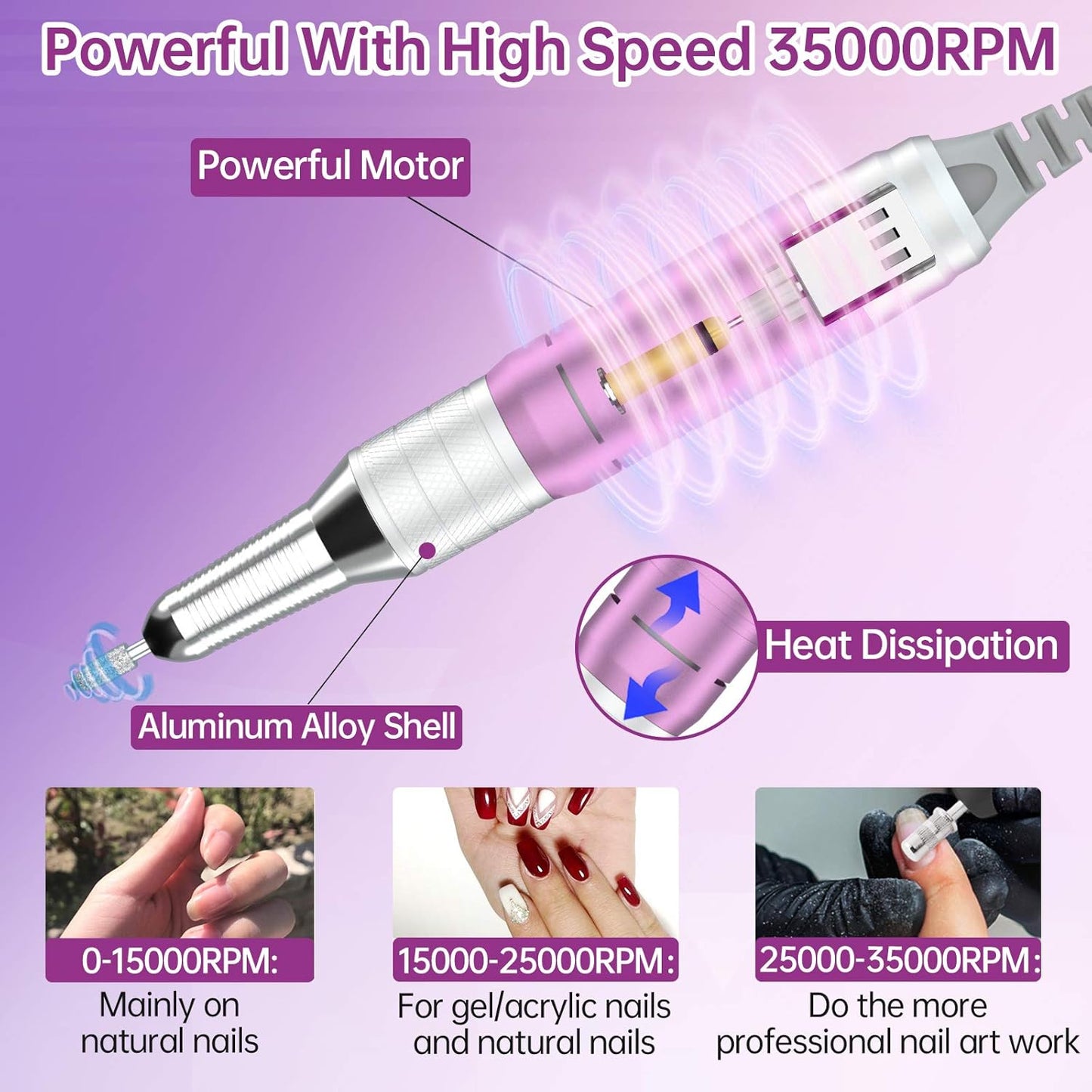 Delanie Professional Nail Drill High Torque 35000 RPM Rechargeable Portable Electric Nail File for Acrylic & Gel, High Speed, Low Heat, Low Vibration, Rose Gold