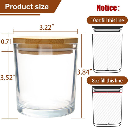 CONNOO 12Pack 10 OZ Clear Glass Candle Jars with Bamboo Lids