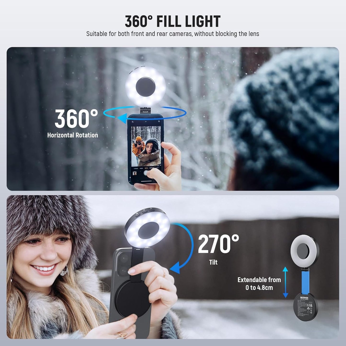 NEEWER BASICS Magnetic Selfie Light Compatible with MagSafe iPhone,CRI95 700lx/0.3m Folding LED Phone Fill Ring Lighting with Mirror for Zoom Makeup Photography Recording Video Conference, Black NL48B