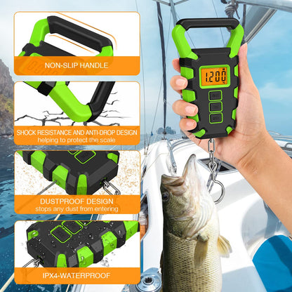 JXTZ Digital Fishing Scale, 110 lb / 50 kg Digital Luggage Scale with Backlit LCD Display, IPX4 Waterproof Hanging Scale with Measuring Tape, for Ice Fishing, Home Outdoor, Batteries Included - Green