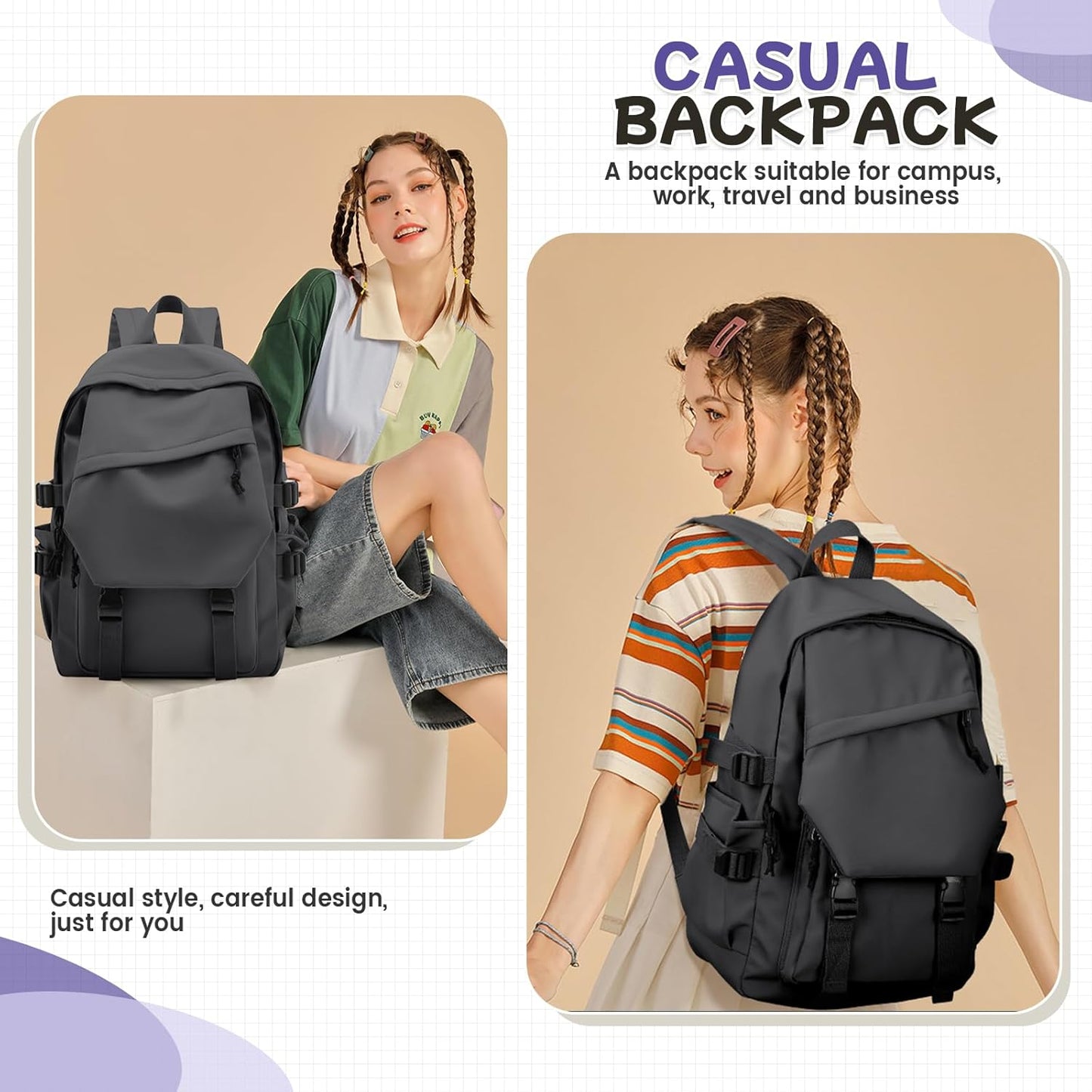 School Backpack for Women Men College High School Bags for Boys Girls Casual Daypack Laptop Backpack Waterproof Black Bookbag Travel Rucksack