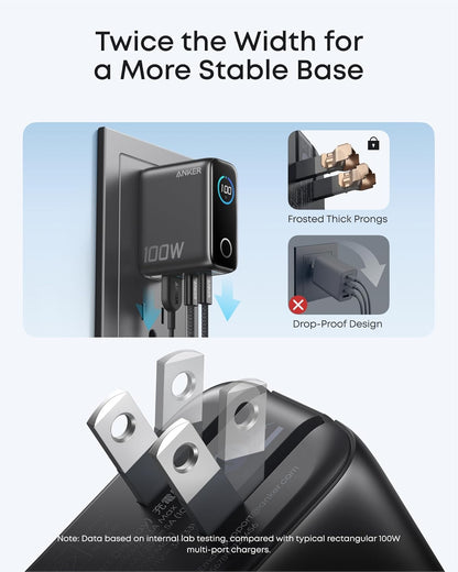 Anker 100W Max USB C Charger, 3-Port GaN Phone Charger with Smart Display | Fast Laptop Charger with Touch Control for iPhone 17 Series,iPad,MacBook Pro/Air(Cable Included, Non-Battery, Black)