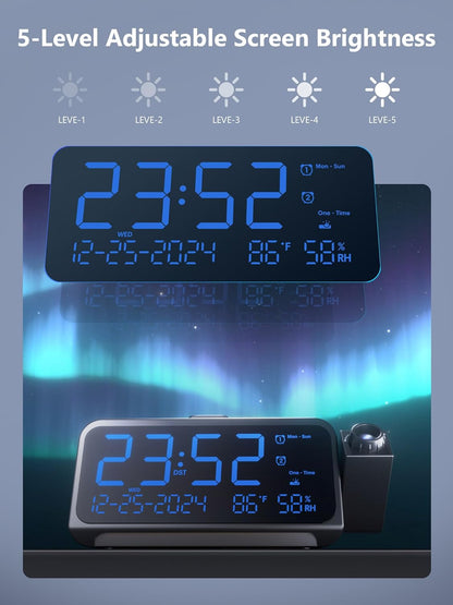 Digital Projection Alarm Clock with 350° Rotating Projector, Dual Alarms, Night Light, Temperature Display, USB Type-C Charging, 12/24H, Adjustable Brightness for Bedroom - PuriLite