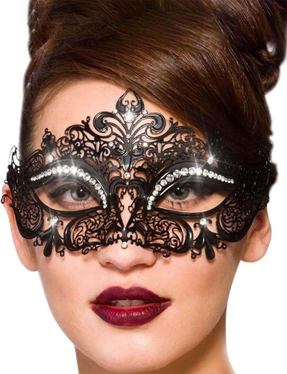 Campsis Sparkly Rhinestone Mardi Gras Masquerade Mask Black Laser Cut Metal Mask Halloween Venetian Party Nightclub for Women and Girls
