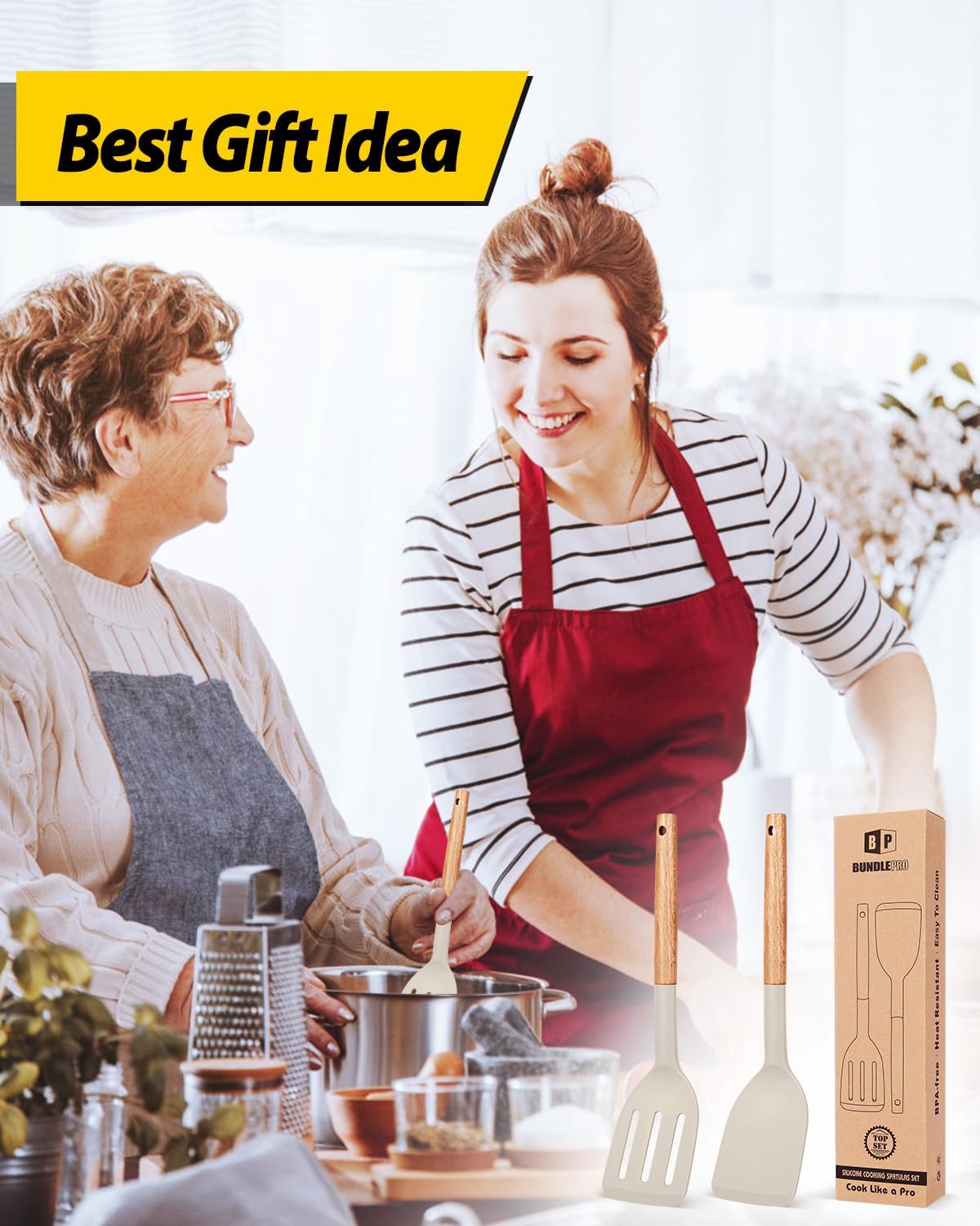 Silicone Cooking Spatula Set | Heat Resistant Turner | Non Stick Kitchen Spatula | Wooden Handle Cooking Tool | Frying Baking Utensils - PuriLite