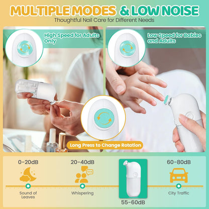IvyWind Electric Baby Nail File, 7 in 1 Grinding Heads Baby Nail Trimmer, Automatic Baby Nail Clippers for Infant Newborn Toddler Kid Adult, Manicure Fingernail Care Set, 2 Speeds, USB Rechargeable, White