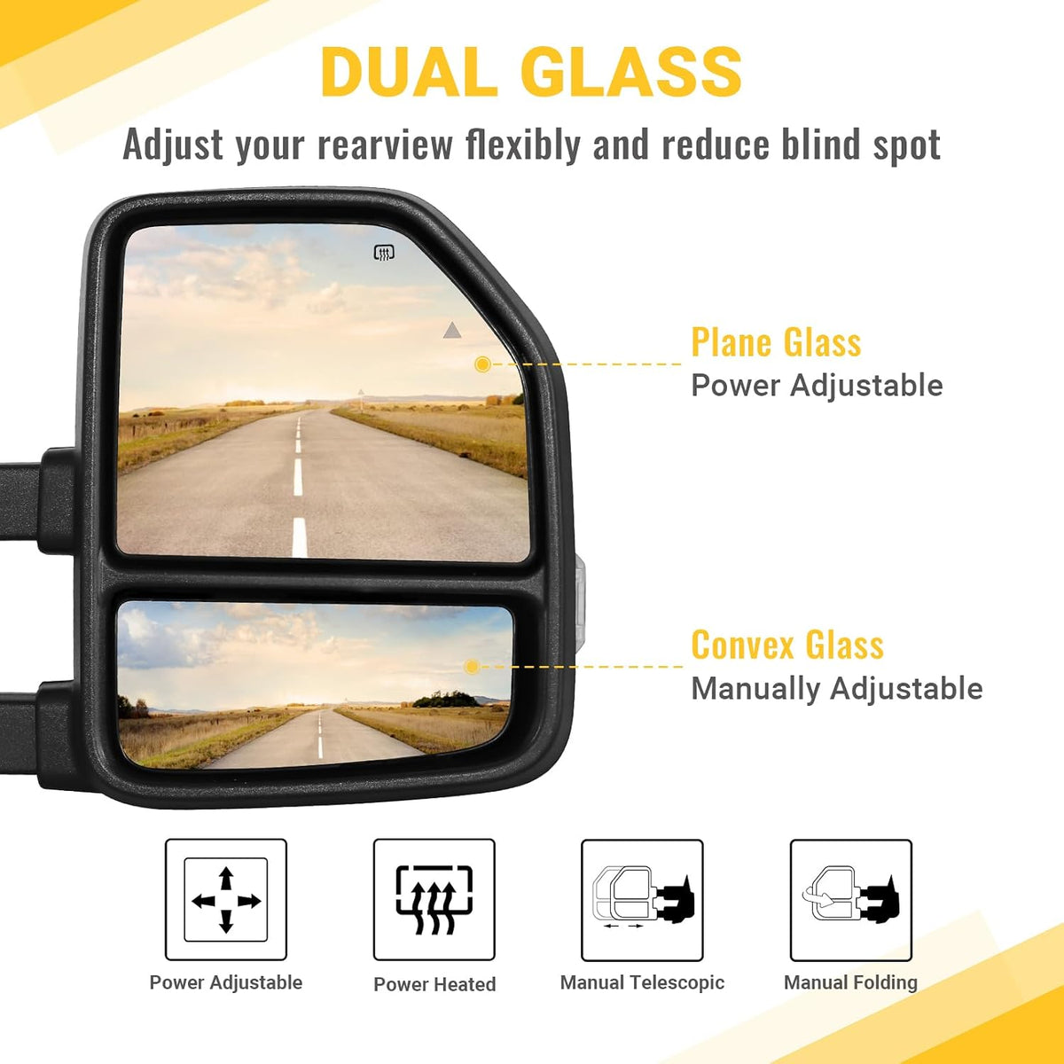 Towing Mirrors for 2021-2026 Ford F150, 2023-2026 F250 F350 F450 Manual Fold, Turn Signal & Running Light Power Adjusted Double Heated Glass Temperature Sensor (White Lens Unpainted Black)