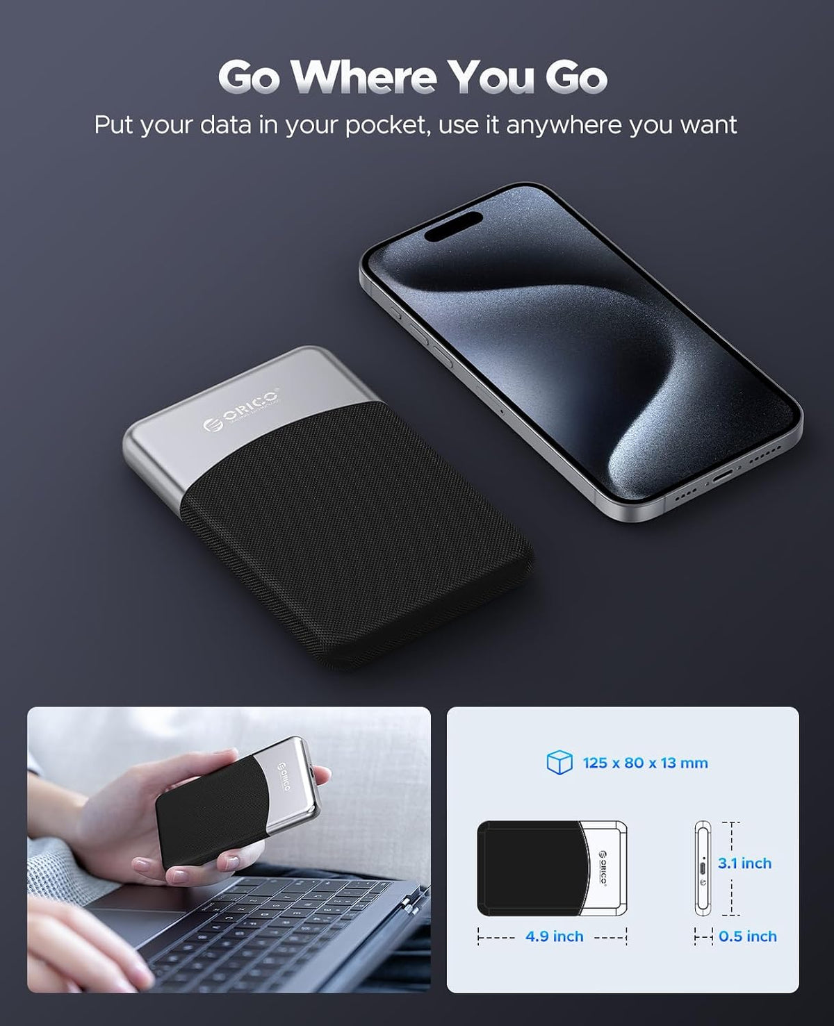ORICO 1TB External SSD with 2 in 1 USB C Cable, Portable Solid State Drive USB 3.2 Gen 1 Up to 460MB/s, Dust and Drop Resistance, Reliable Storage for USB-C Smartphone, PC, Tablet, Labtop - M25PRO