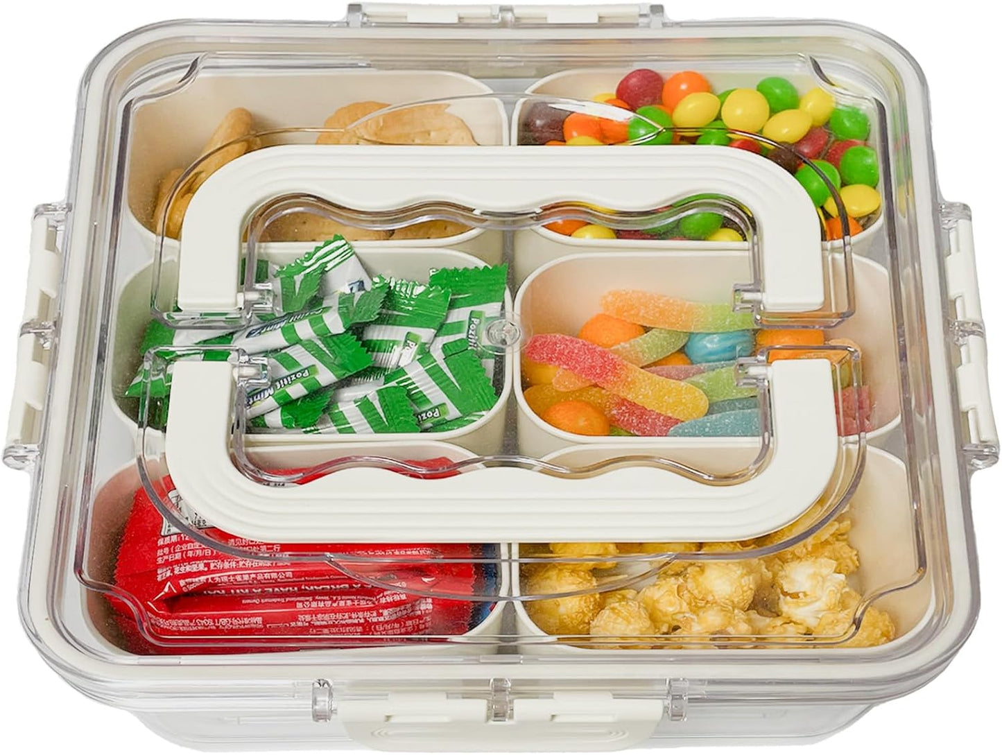 KIGITIONE Snackle Box, Pink 8 Compartments Portable Serving Tray, Divided Snackle Box Container with Lid and Handle, Snack Organizer for Fruits, Snacks, Nuts, Candy, Ideal for Party, Travel & Picnics