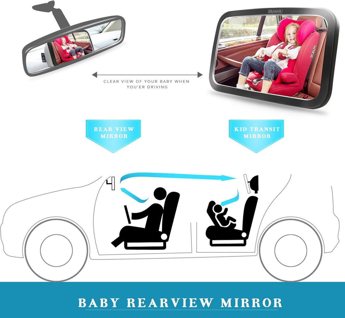 Shynerk Baby Car Mirror, Safety Car Seat Mirror for Rear Facing Infant with Wide Crystal Clear View, Shatterproof, Fully Assembled, Crash Tested and Certified