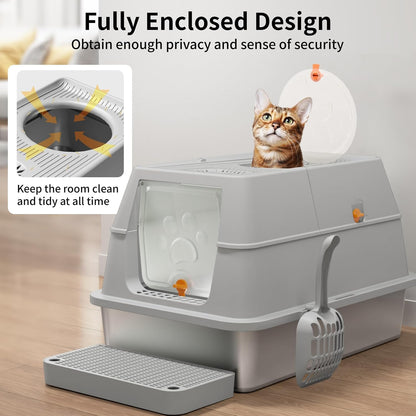 Eosarcu Stainless Steel Cat Litter Box with Lid, 180° Flip-Top XL Extra Large Enclosed Litter Box, Covered Metal High Sided Litter Pan with Steps & Scoop, Easy Cleaning, Odor Control,Non-Sticky-Black