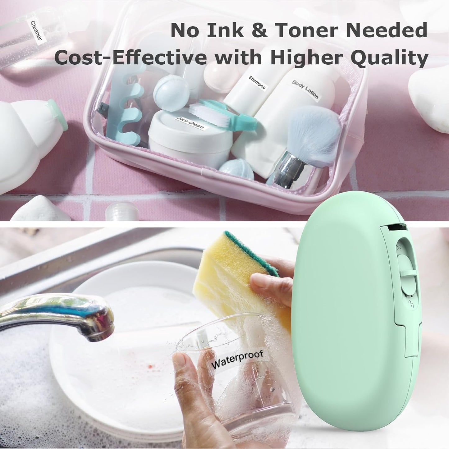 SUPVAN E10 Mini Bluetooth Label Maker Machine with Tape, Continuous Waterproof Label, Versatile App with 40+ Fonts and 600+ Icons, Inkless Labeler for Home, Kitchen, School, Office Organization, Green