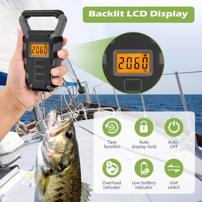 KeeKit Digital Fishing Scale with Ruler, 110lb/50kg Electronic Digital Luggage Scale, Waterproof Fishing Postal Hanging Hook Scale with Measuring Tape, Backlit LCD Display