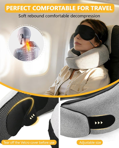 Memory Foam Travel Neck Pillow for Airplane & Car（Soft Grey）