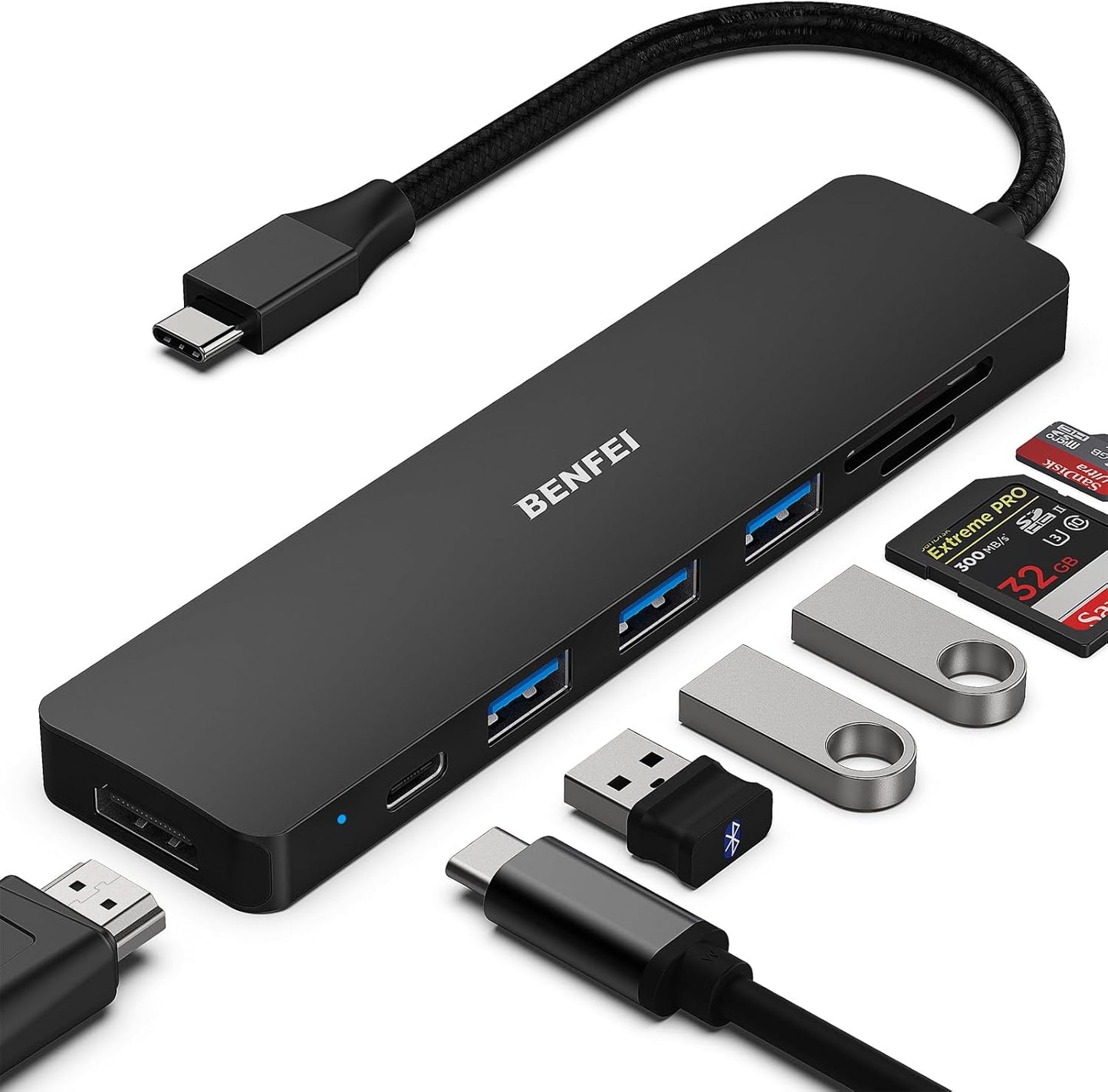BENFEI USB C HUB 7in1, USB C HUB Multiport Adapter with USB-C to HDMI, USB-C to SD/TF Card Reader/3*USB 3.0/100W Power Delivery, Compatible with iPhone 15 Pro/Max, MacBook, iPad Pro, iMac, S23, XPS17