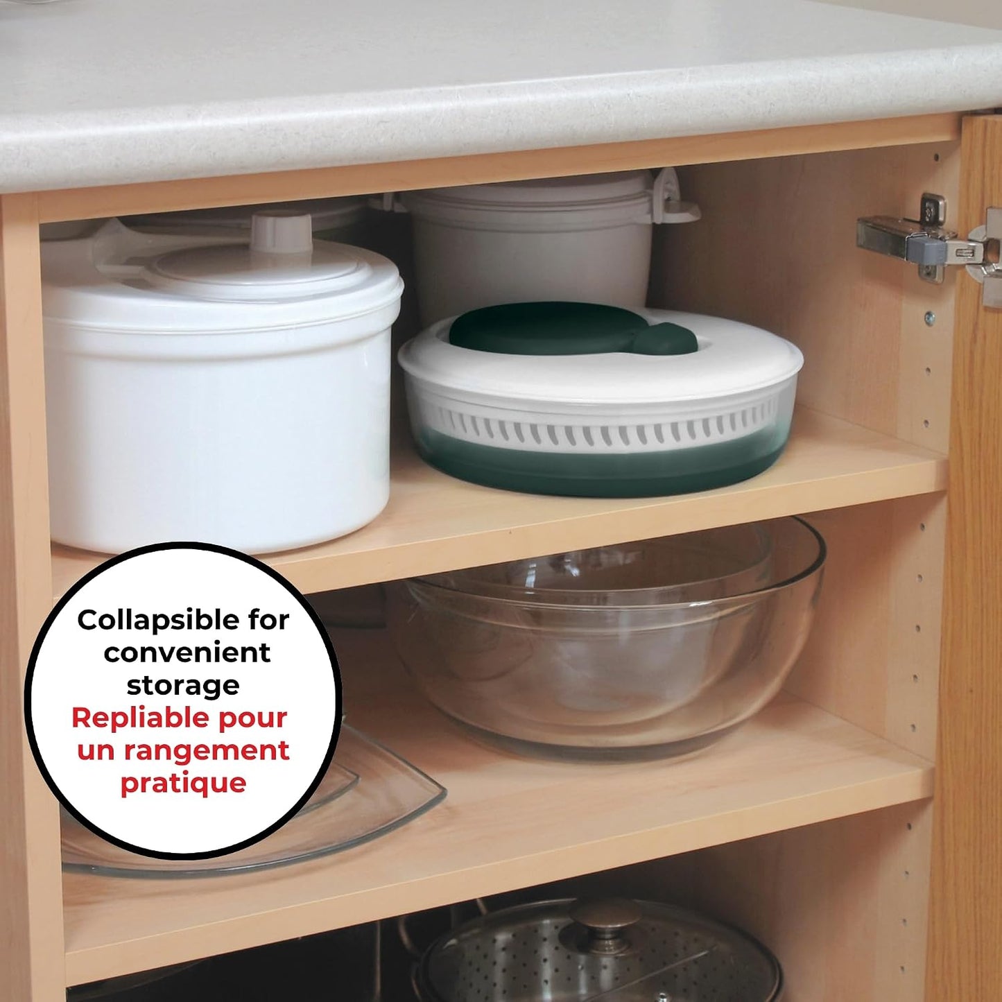 Starfrit Collapsible Salad Spinner, 3L, Colander & Serving Bowl | Collapsible storage. 3L capacity. Colander basket. Serving bowl. BPA-free. Ideal for salads and vegetables.
