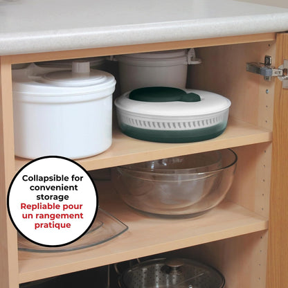 Starfrit Collapsible Salad Spinner, 3L, Colander & Serving Bowl | Collapsible storage. 3L capacity. Colander basket. Serving bowl. BPA-free. Ideal for salads and vegetables.