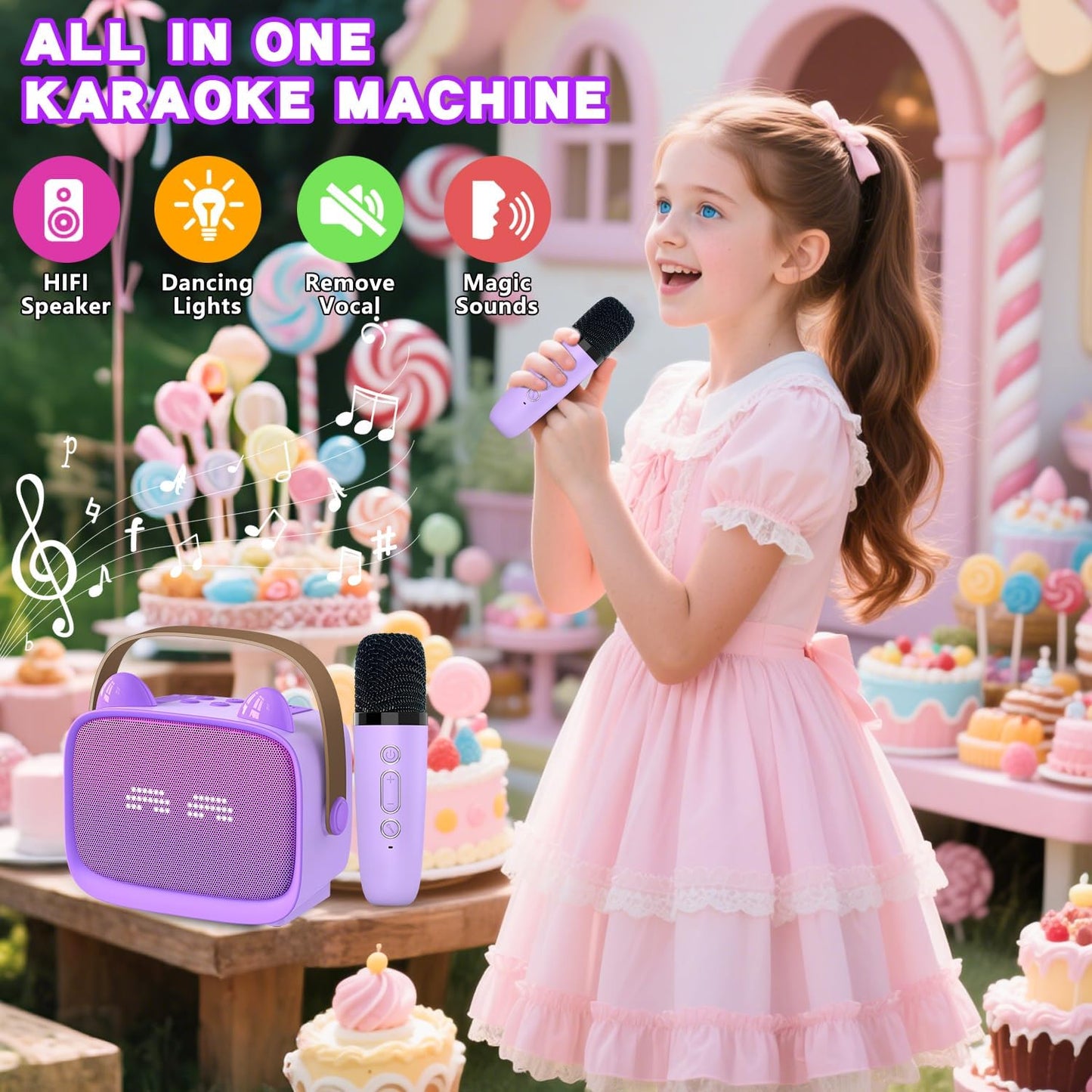 Portable Mini Karaoke Machine for Kids and Families – Bluetooth Speaker with 2 Wireless Microphones, LED Light Show, Voice Changer, Echo Effects, Battery-Powered, Home, Travel, and Party Entertainment - PuriLite
