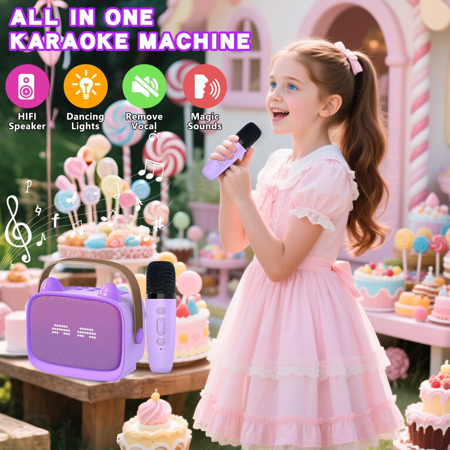 Portable Mini Karaoke Machine for Kids and Families – Bluetooth Speaker with 2 Wireless Microphones, LED Light Show, Voice Changer, Echo Effects, Battery-Powered, Home, Travel, and Party Entertainment - PuriLite