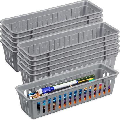 Domensi 24 Pcs Slim Plastic Storage Baskets 10.25 x 3.25 x 2.5 Inches Storage Bins White Drawer Organizer Trays Pencil Holder for Desk Pen Baskets Tray Classroom Garage Containers Supplies (White)
