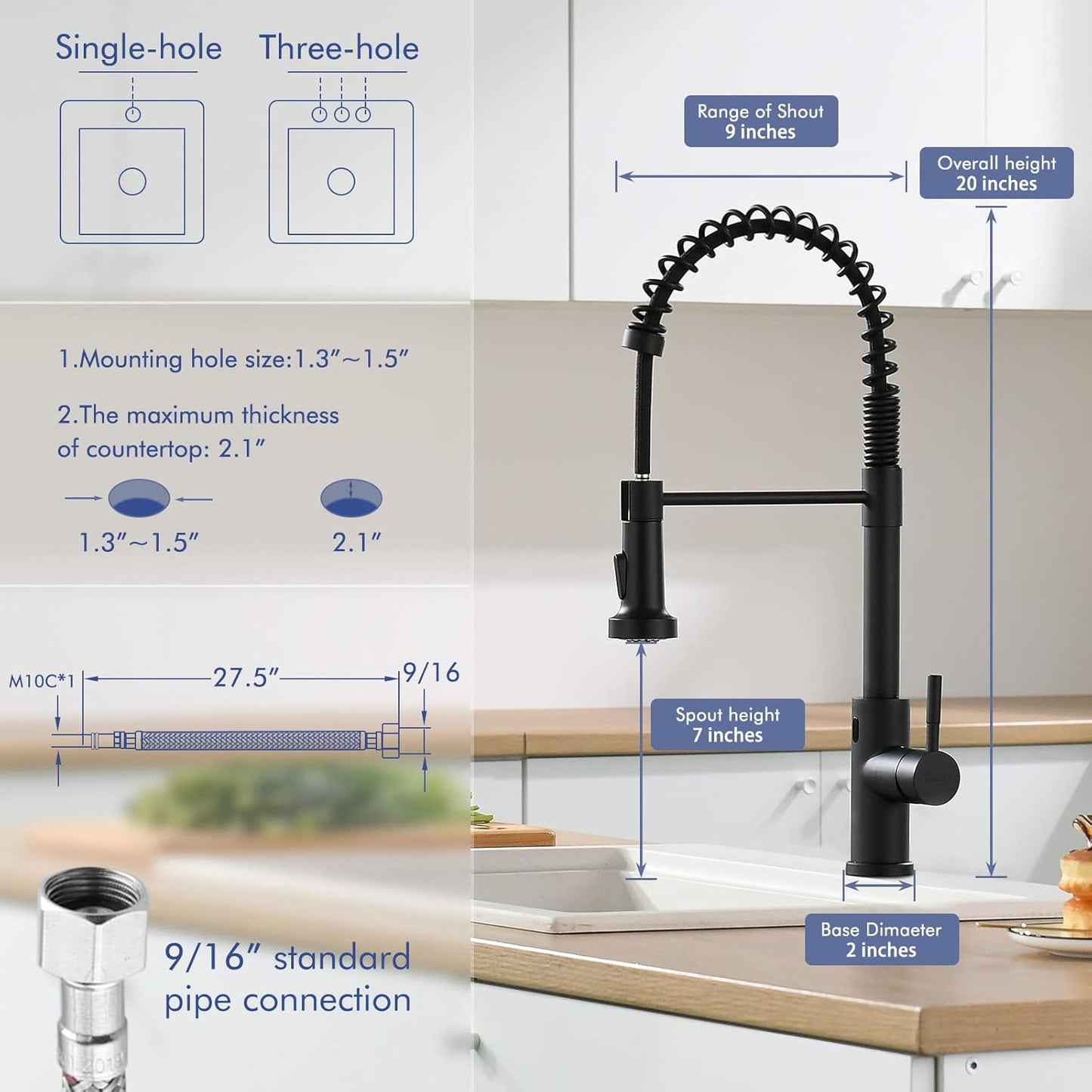 GIMILI Matte Black Kitchen Faucet with LED Light,Single Hole Spring Kitchen Sink Faucet with Pull Down Sprayer