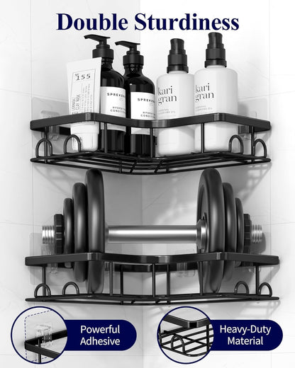 Kitsure Corner Shower Caddy - 2 Pack Rustproof Shower Organizer, Durable Shower Shelf with Large Capacity, Drill-Free Adhesive Bathroom Shelves with 4 Movable Hooks, 11.0 x 21.5 x 4.5cm, Black