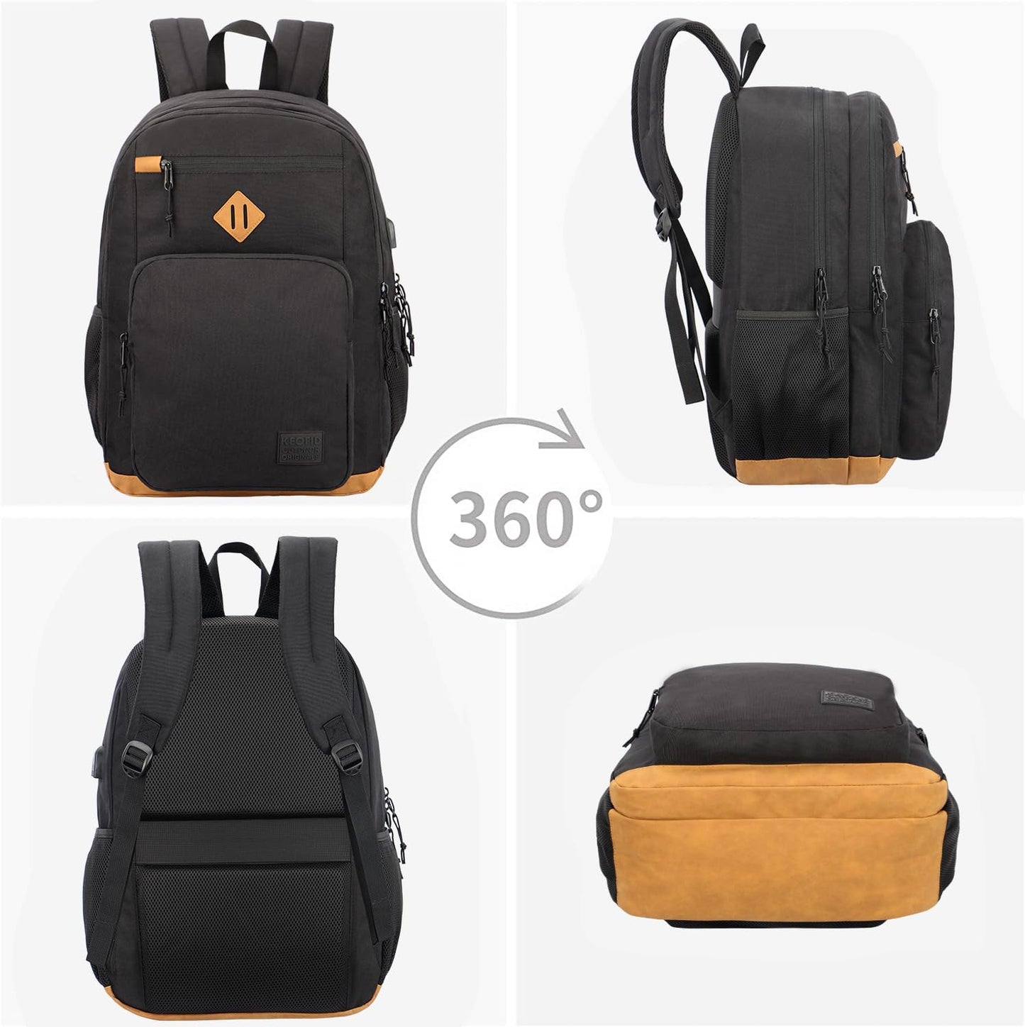 KEOFID classic carry-on travel backpack for men and women, Anti theft laptop backpack with USB charging port, large backpack for college(dark black）