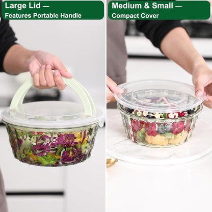 Taiuloo 3-Piece Salad Bowls with Lids & Handle, BPA Free Plastic Meal Prep Containers for Lunch, Kitchen Mixing & Serving Bowls for Salad, Snack, Fruit, Veggie, Blue