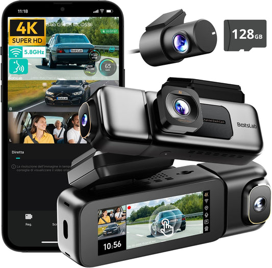 BOTSLAB 3 Channel 4K Dashcam with 128GB Card, Voice Control, 3.18" Touch Screen, 4K Front and 1080P Rear Inside Loop Recording, Triple Car Camera with IR Night Vision, WDR, Parking Mode