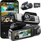 BOTSLAB 3 Channel 4K Dashcam with 128GB Card, Voice Control, 3.18" Touch Screen, 4K Front and 1080P Rear Inside Loop Recording, Triple Car Camera with IR Night Vision, WDR, Parking Mode