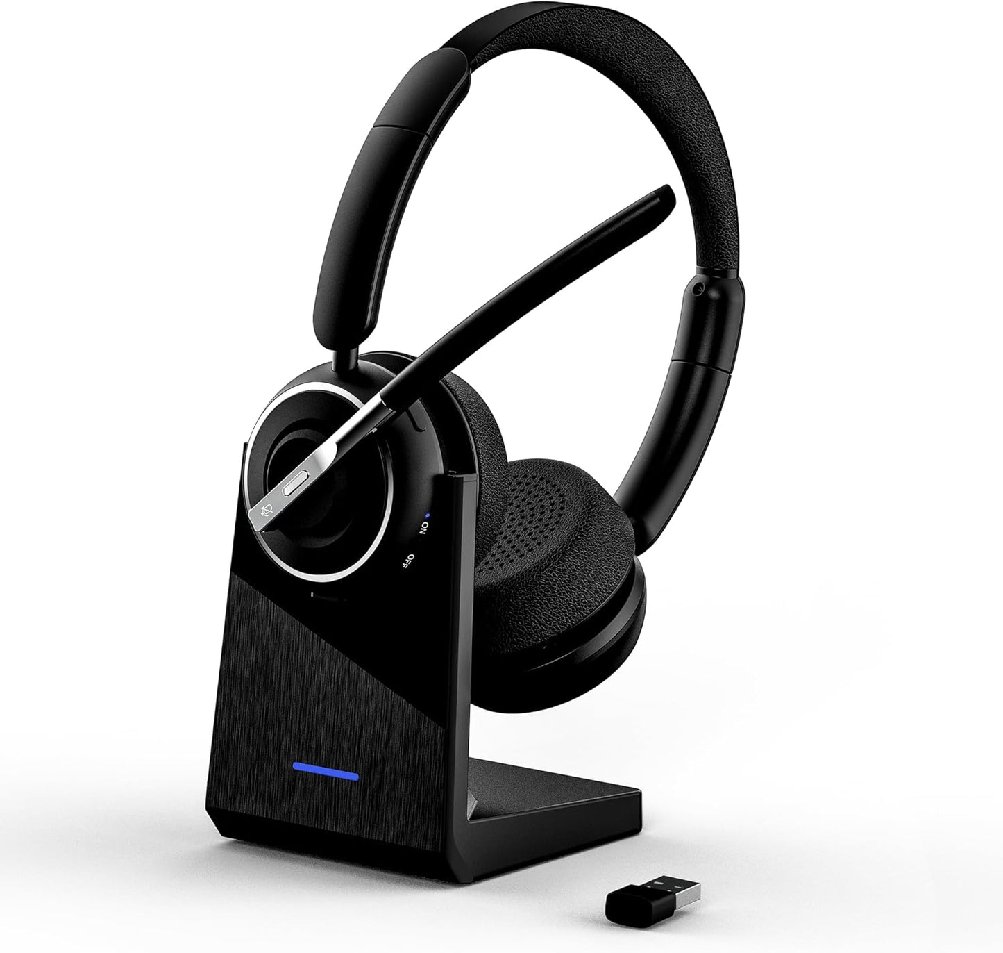 (Upgraded Version) PrancyBt Wireless Headset, Bluetooth Headset with AI Noise Cancelling Mic, Bluetooth V5.2 Headphones with USB Dongle, Charging Base & Mic Mute for PC/Cell Phones/Call Center
