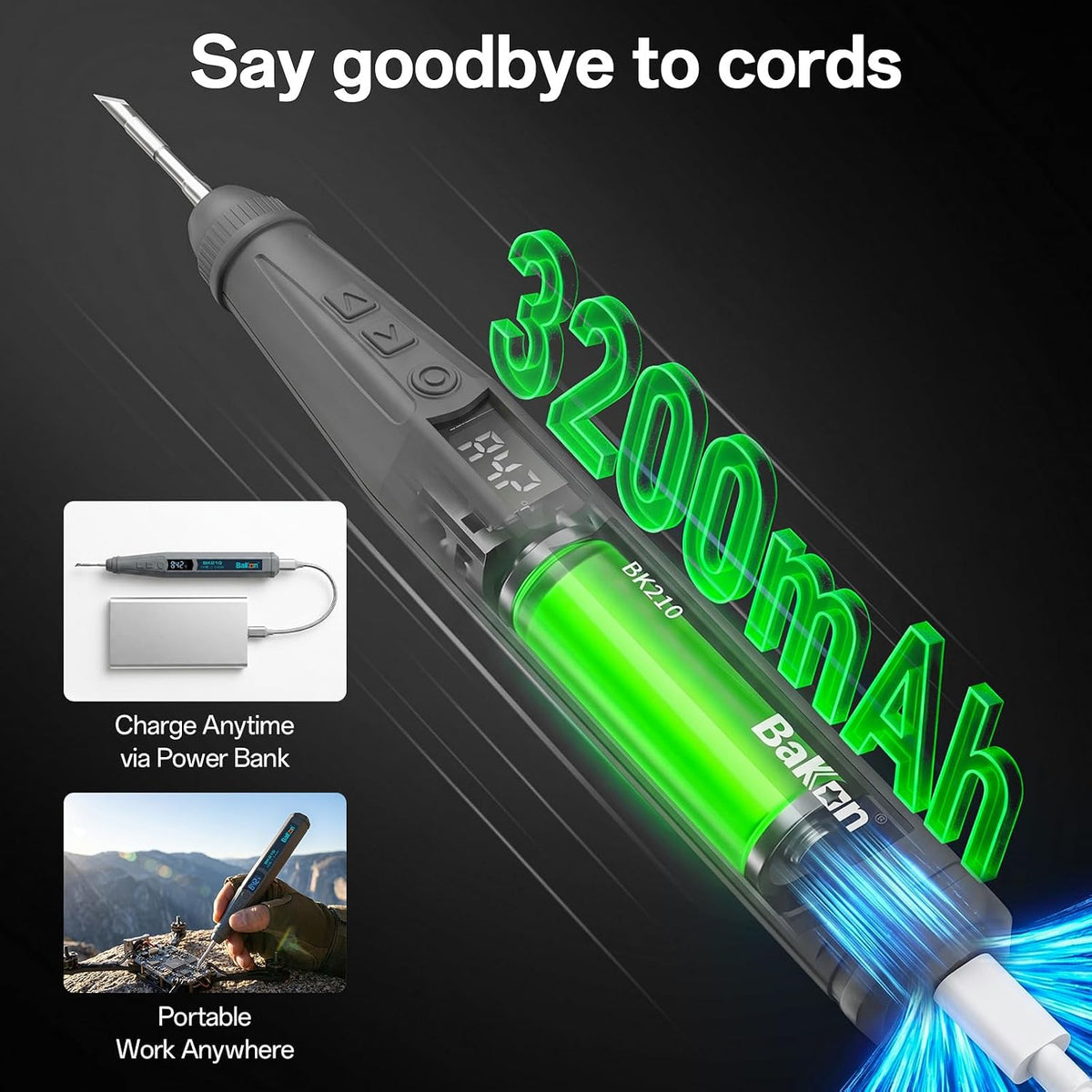 BK210 Cordless Soldering Iron Kit, Rechargeable Solder Iron Pen with C210 Tip (356°F-842°F),Portable Battery Powered Solder Kit with LED Digital Display for Electronics Repair, Auto-Hibernation