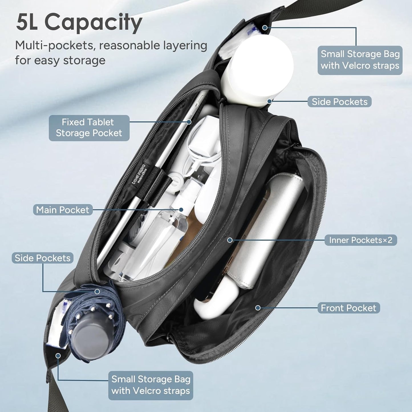 travel inspira 5L Convertible Waist to Chest Pack - Lightweight Adjustable Strap for Hiking, Walking, Travel - Grey