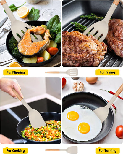 Silicone Cooking Spatula Set | Heat Resistant Turner | Non Stick Kitchen Spatula | Wooden Handle Cooking Tool | Frying Baking Utensils - PuriLite