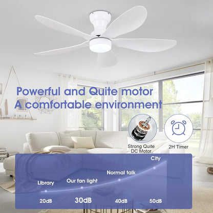 Modern Ceiling Fans with Lights Remote/APP Control, 29" Flush Mount Ceiling Fans with 3 CCT Dimmable Lights, Low Profile Ceiling Fans with 5 Propeller Blades LED Lights for Kids Room Bedroom, Brown - PuriLite