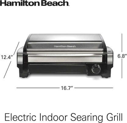 Hamilton Beach Electric Indoor Searing Grill Removable Easy-To-Clean Nonstick Plate, 6-Serving, Extra-Large Drip Tray, Stainless Steel (25360)