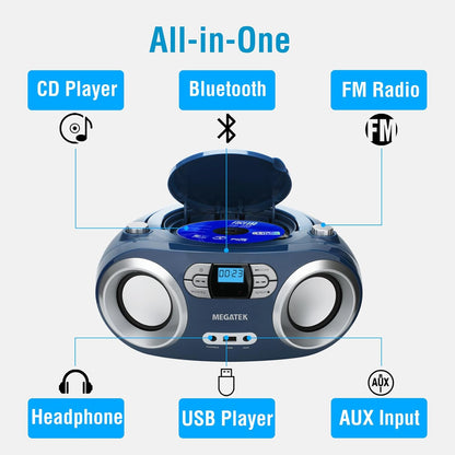 MEGATEK Portable CD Player Boombox with FM Radio, Bluetooth, USB Port, AUX Input, and Headphone Jack – CD-R/CD-RW/MP3-CD Compatible, Clear Stereo Sound, Backlit LCD Display – Black