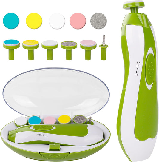 Tinabless Baby Nail Trimmer Electric - Safe Baby Nail File Clippers Set with LED Light, 6 Grinding Heads Kit for Newborn Infant Toddler Toes Care, Polish and Trim(Green)