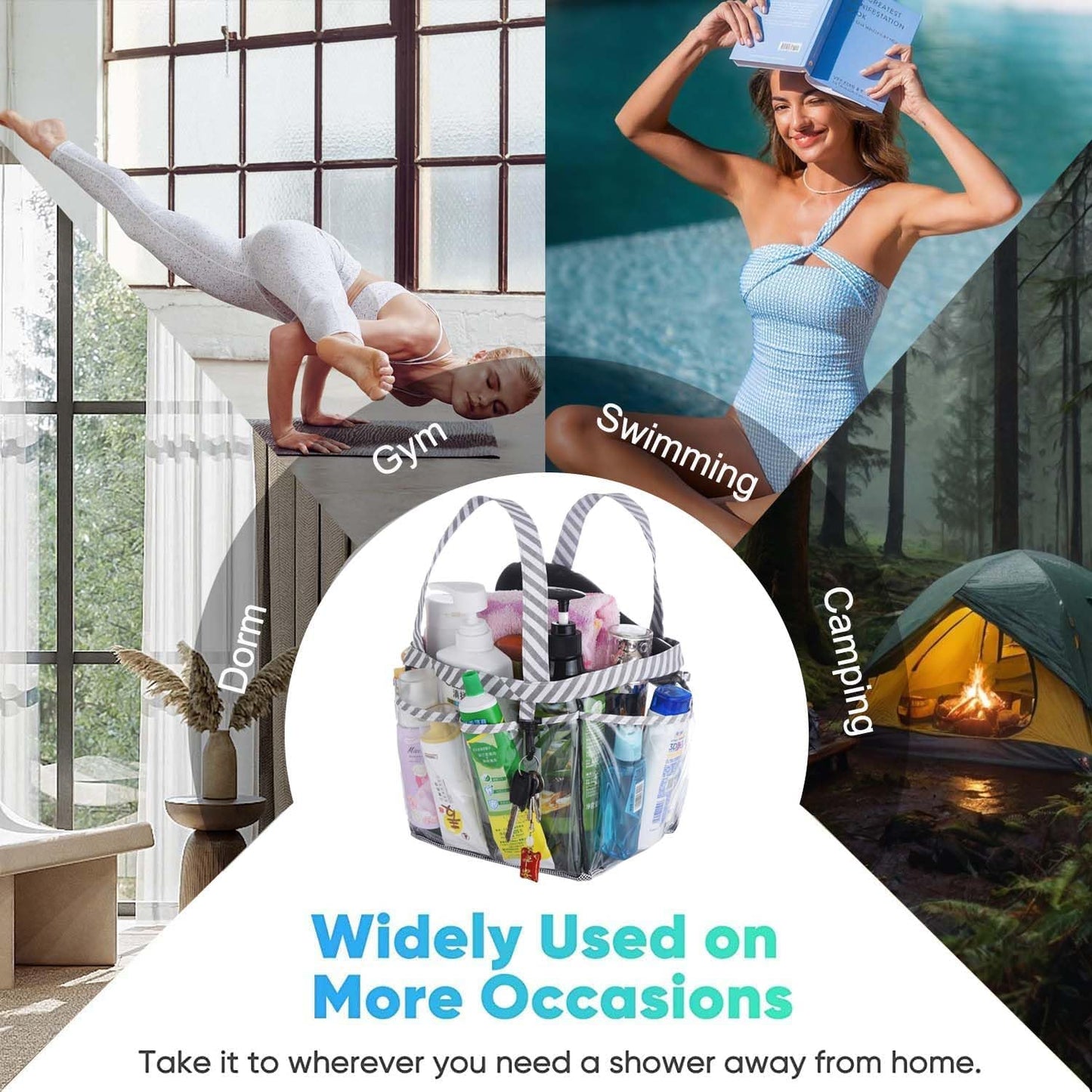 Mesh Shower Caddy Tote, Large College Dorm Bathroom Caddy Organizer with Key Hook and 2 Oxford Handles, Quick Hold, 8 Basket Pockets for Camp Gym