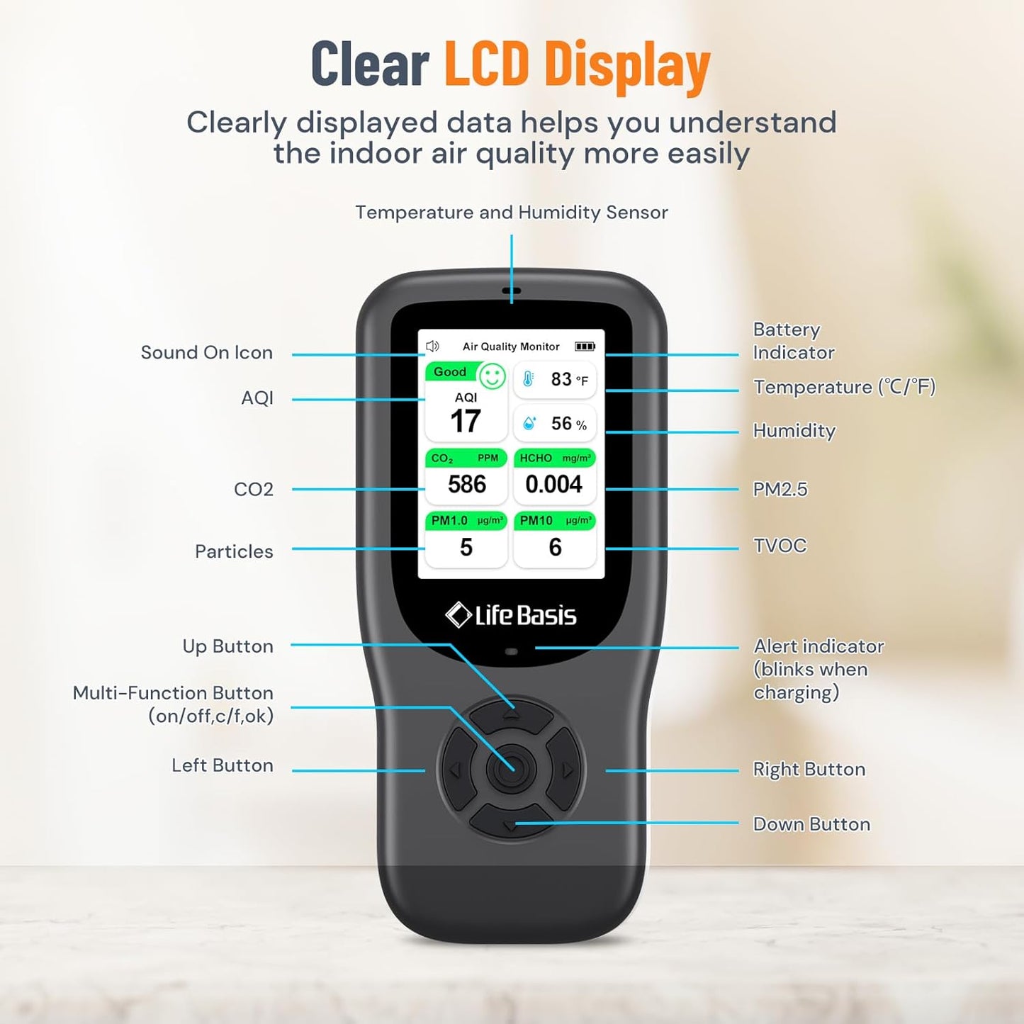 LifeBasis 11-in-1 Indoor Air Quality Monitor with CO₂ Detector, AQI Meter & Smart Alerts