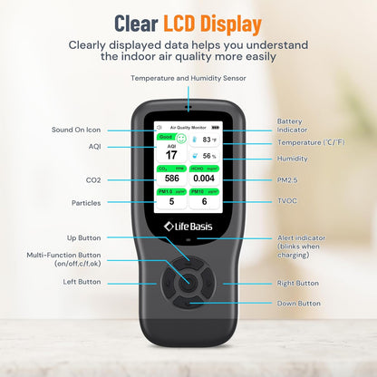 LifeBasis 11-in-1 Indoor Air Quality Monitor with CO₂ Detector, AQI Meter & Smart Alerts