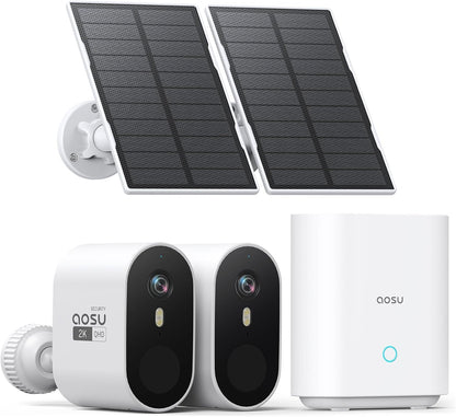 AOSU 2K Solar Security Cameras Wireless Outdoor, WiFi Camera Surveillance Exterieur for Home Security System, 166° View, Color Night Vision, 2-Way Talk, 32GB Homebase Local Storage, No Monthly Fee