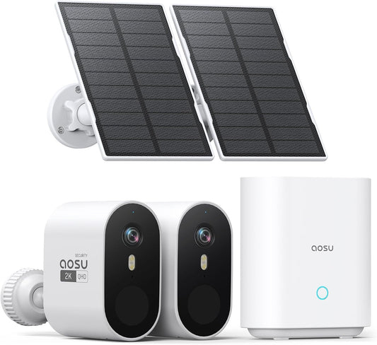 AOSU 2K Solar Security Cameras Wireless Outdoor, WiFi Camera Surveillance Exterieur for Home Security System, 166° View, Color Night Vision, 2-Way Talk, 32GB Homebase Local Storage, No Monthly Fee